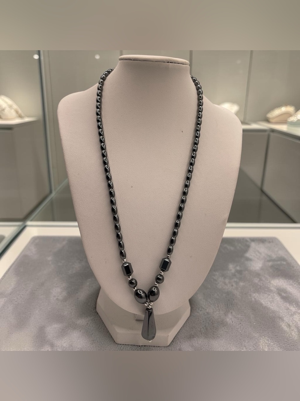 Hematite Beaded Pendant Necklace – Gunmetal Finish